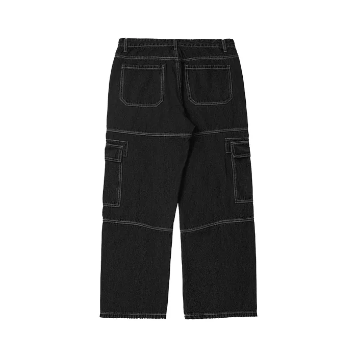 (Black)Streetwear Unisex Pockets Wide-Legged Straight Cut Denim Jeans