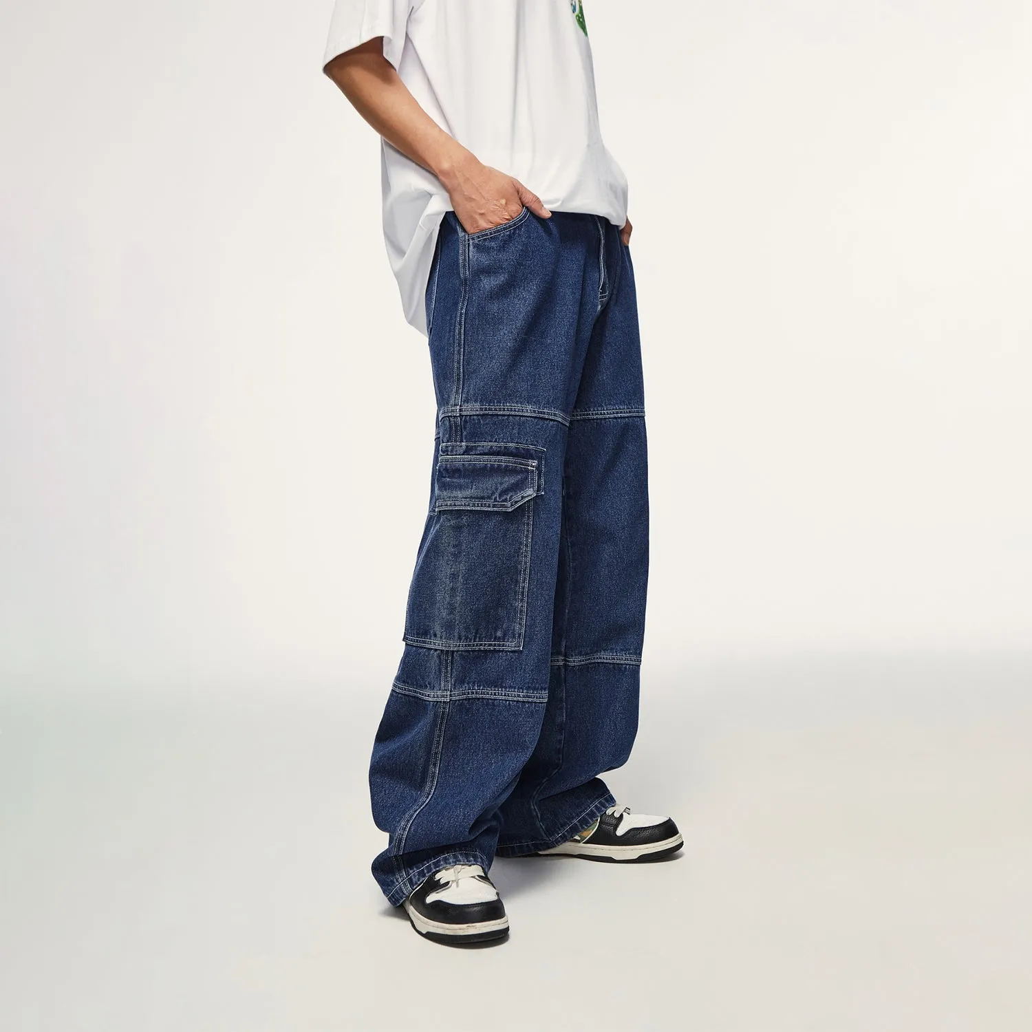 (Blue)Streetwear Unisex Pockets Wide-Legged Straight Cut Denim Jeans