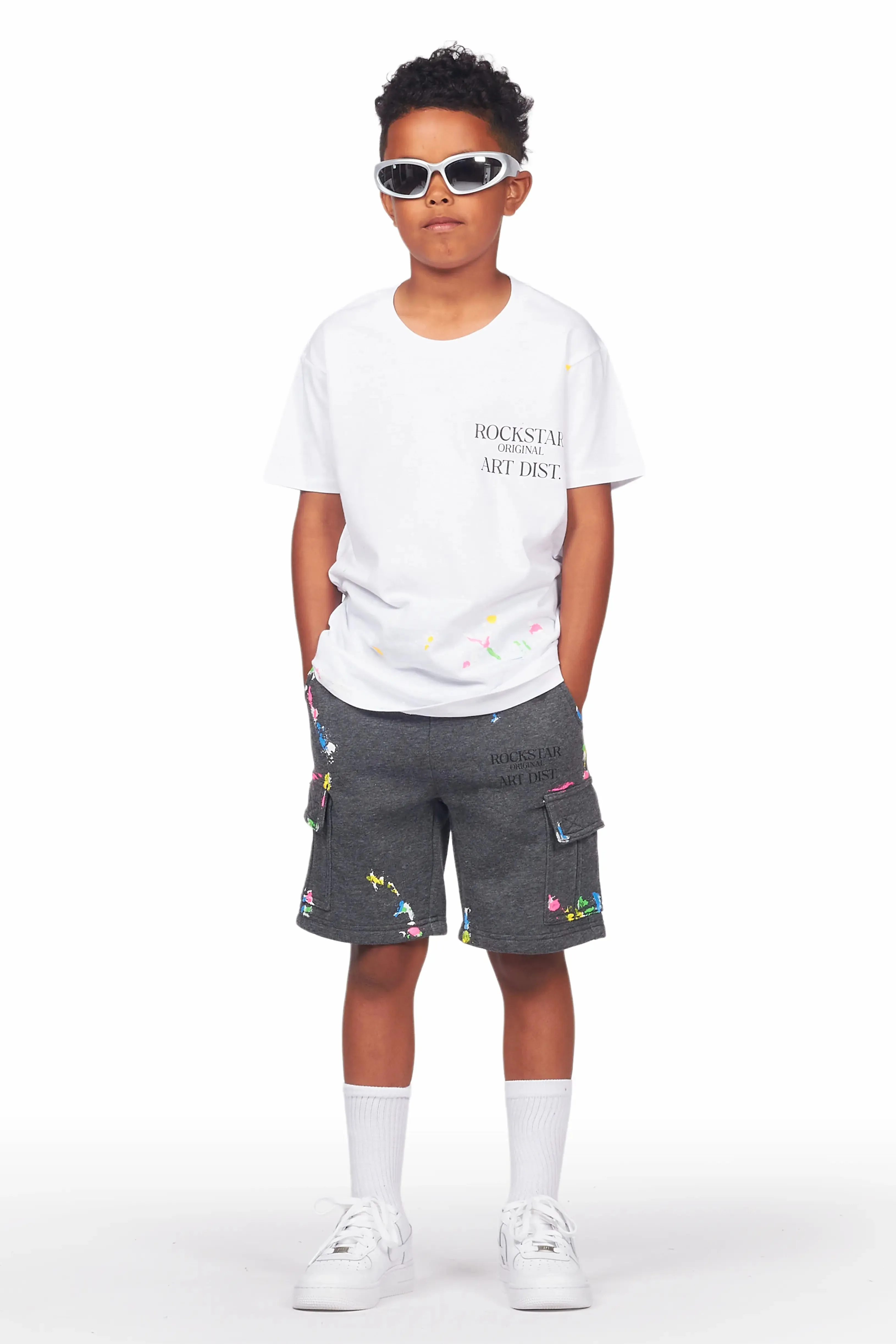 Boys Pelumi White/Grey T-Shirt Cargo Short Set