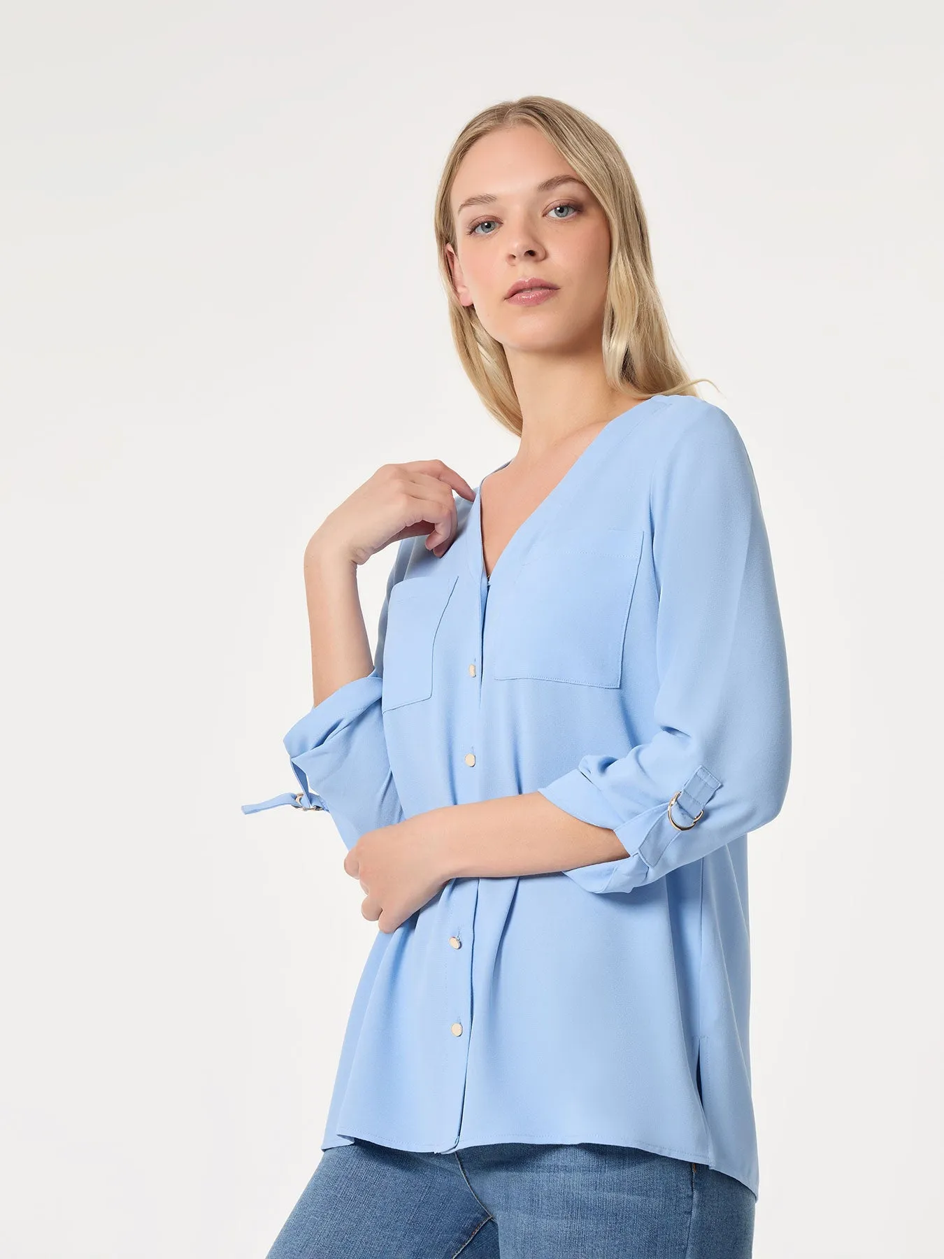 Button-Front Collarless Tunic, Crepe De Chine