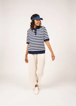 CAROLA - Striped Cotton Polo Shirt  (INDIGO / IVORY)