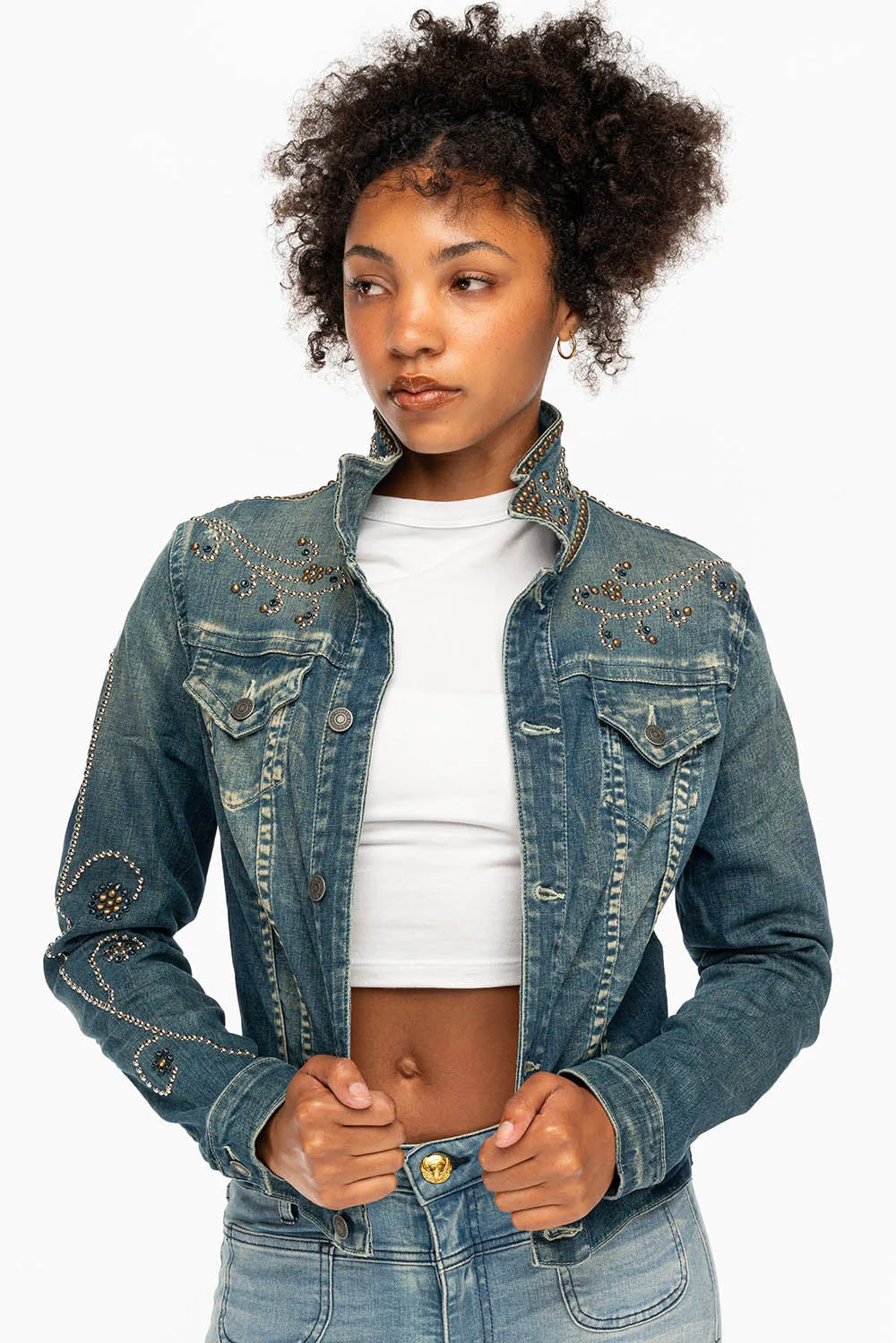 DENIM JACKET IN DIONE WASH FORGET ME NOT FLOWER CRYSTAL DESIGN