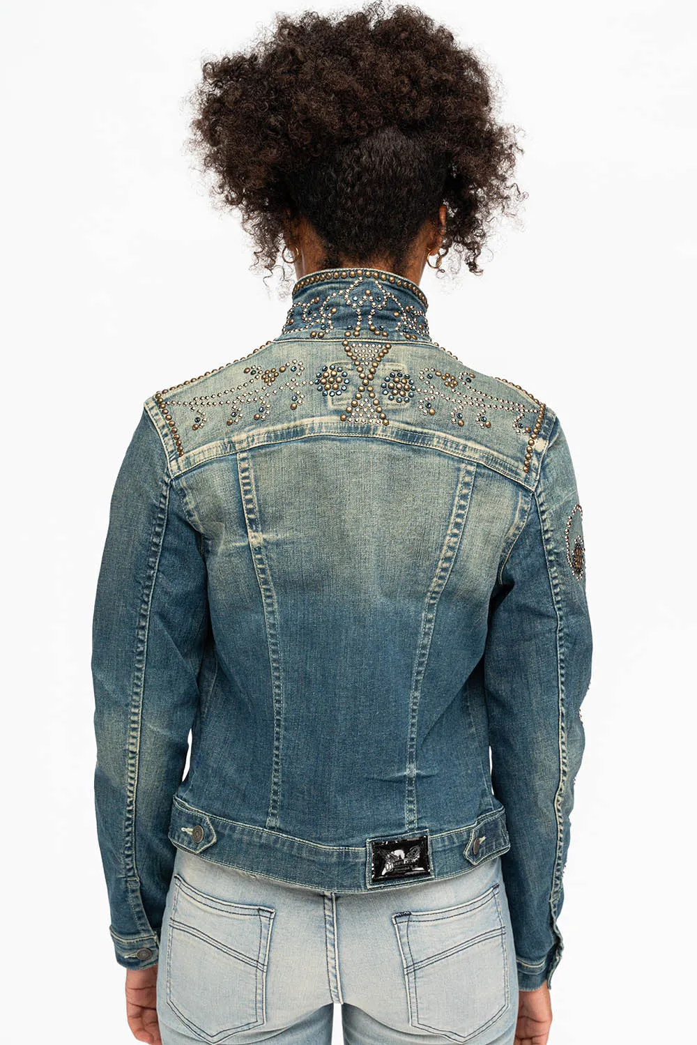 DENIM JACKET IN DIONE WASH FORGET ME NOT FLOWER CRYSTAL DESIGN