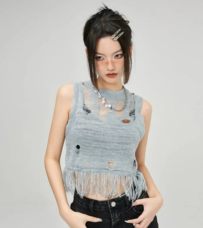 Distressed Tassel Hem Cropped Top