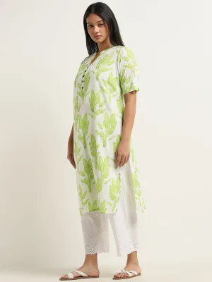 Diza Green Foliage Design Straight Cotton Kurta