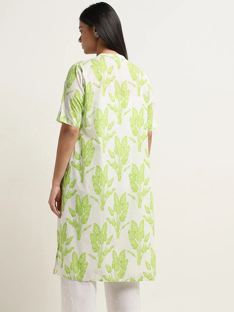 Diza Green Foliage Design Straight Cotton Kurta