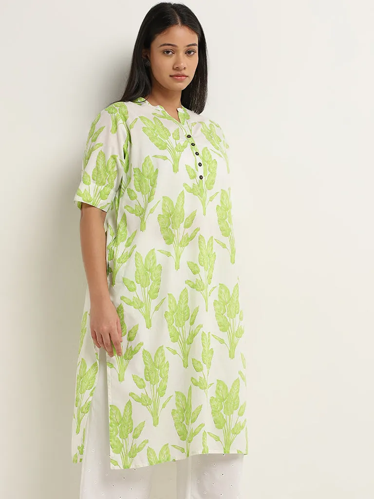 Diza Green Foliage Design Straight Cotton Kurta