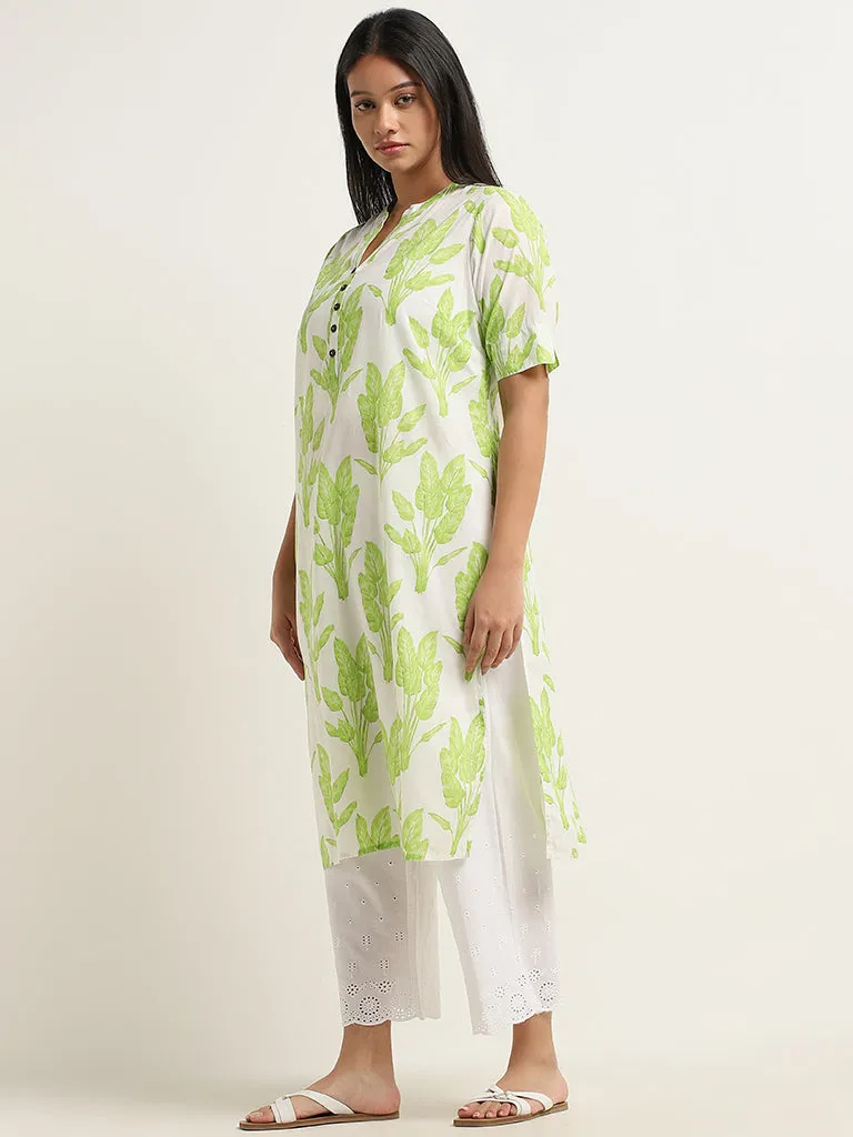 Diza Green Foliage Design Straight Cotton Kurta