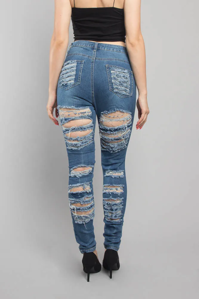 Double Distressed Denim Skinny Jeans