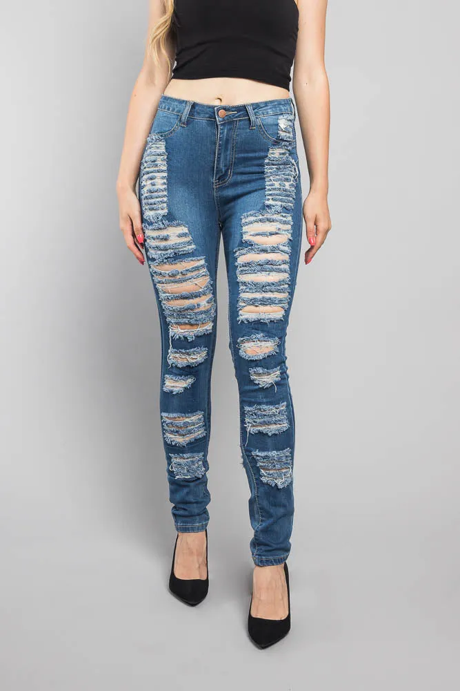 Double Distressed Denim Skinny Jeans