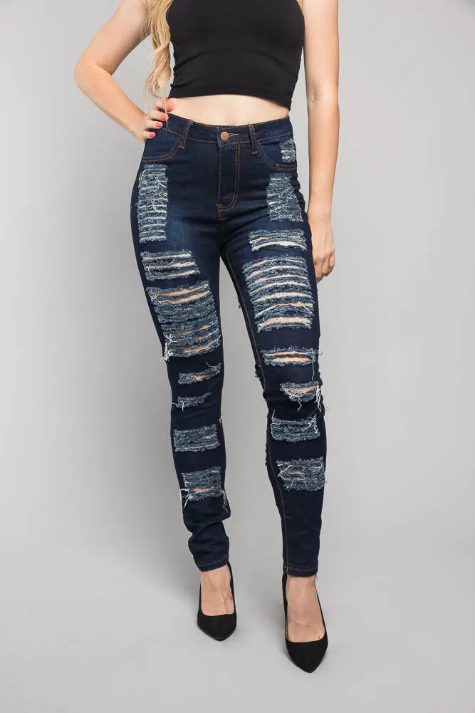 Double Distressed Denim Skinny Jeans