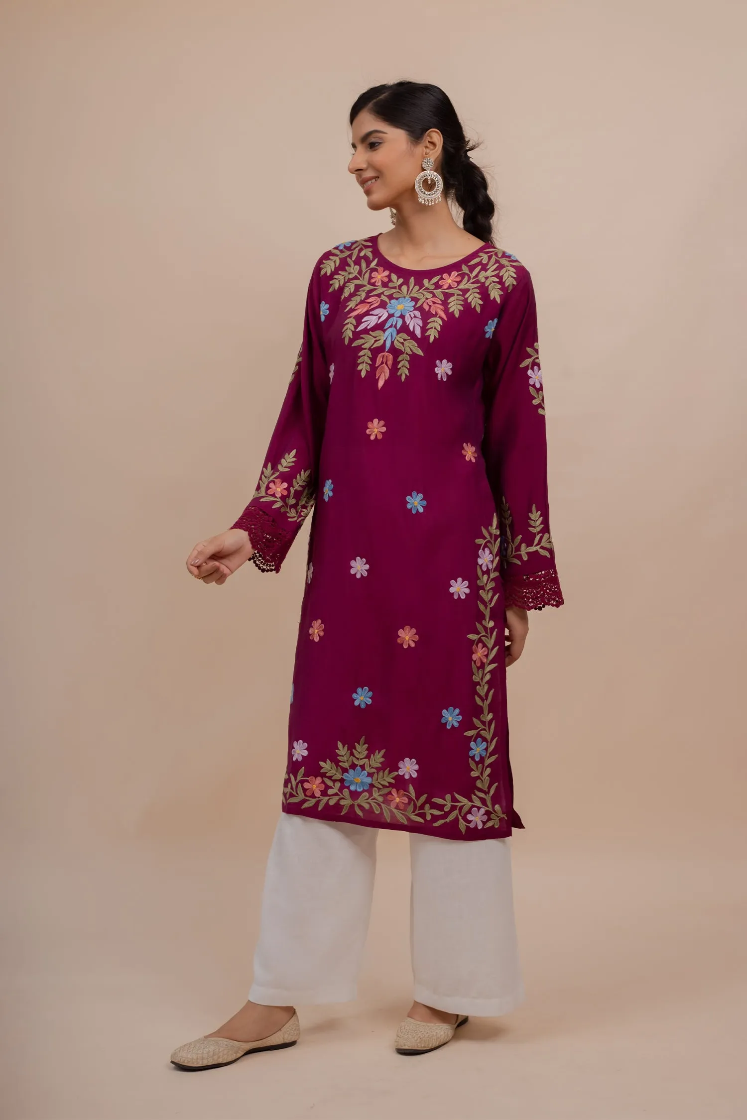 Falak Kashmiri Long Kurta In Burgundy Muslin With Aari