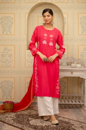 Falak Kashmiri Long Kurta In Pink Muslin With Aari