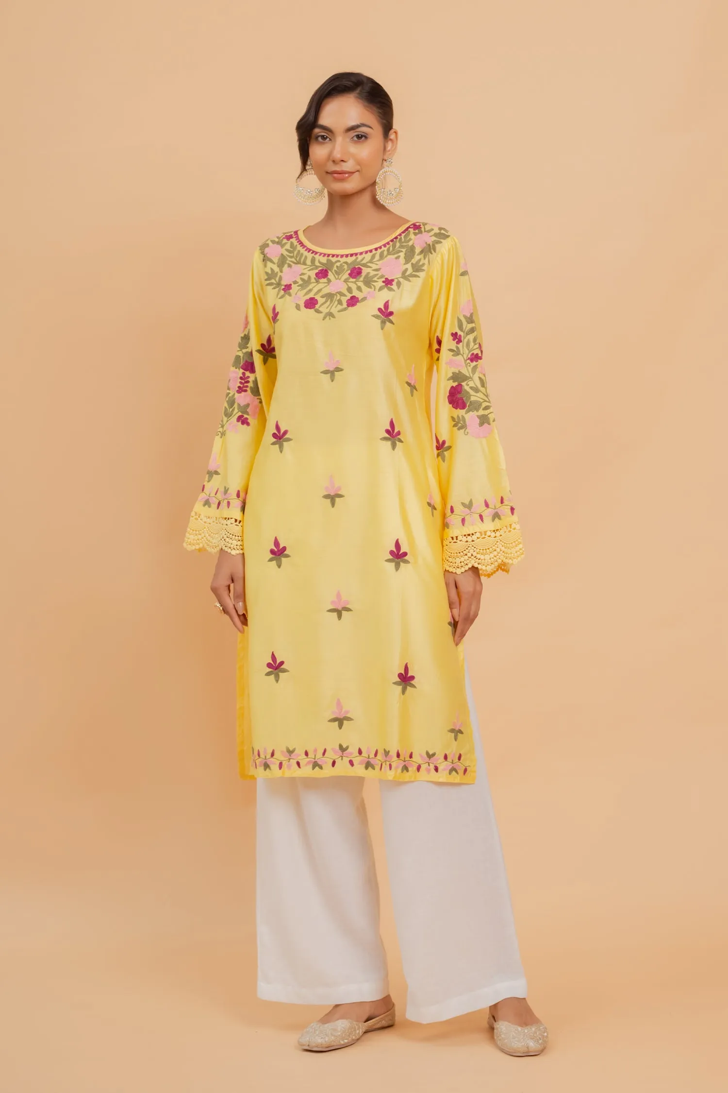 Falak Kashmiri Long Kurta In Yellow Chanderi Silk With Aari