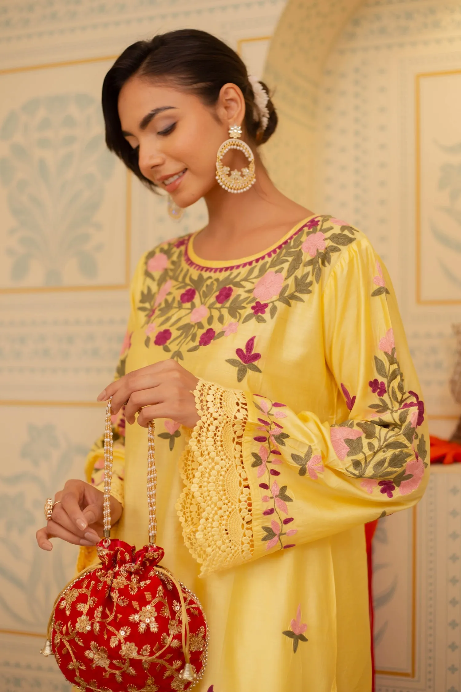 Falak Kashmiri Long Kurta In Yellow Chanderi Silk With Aari