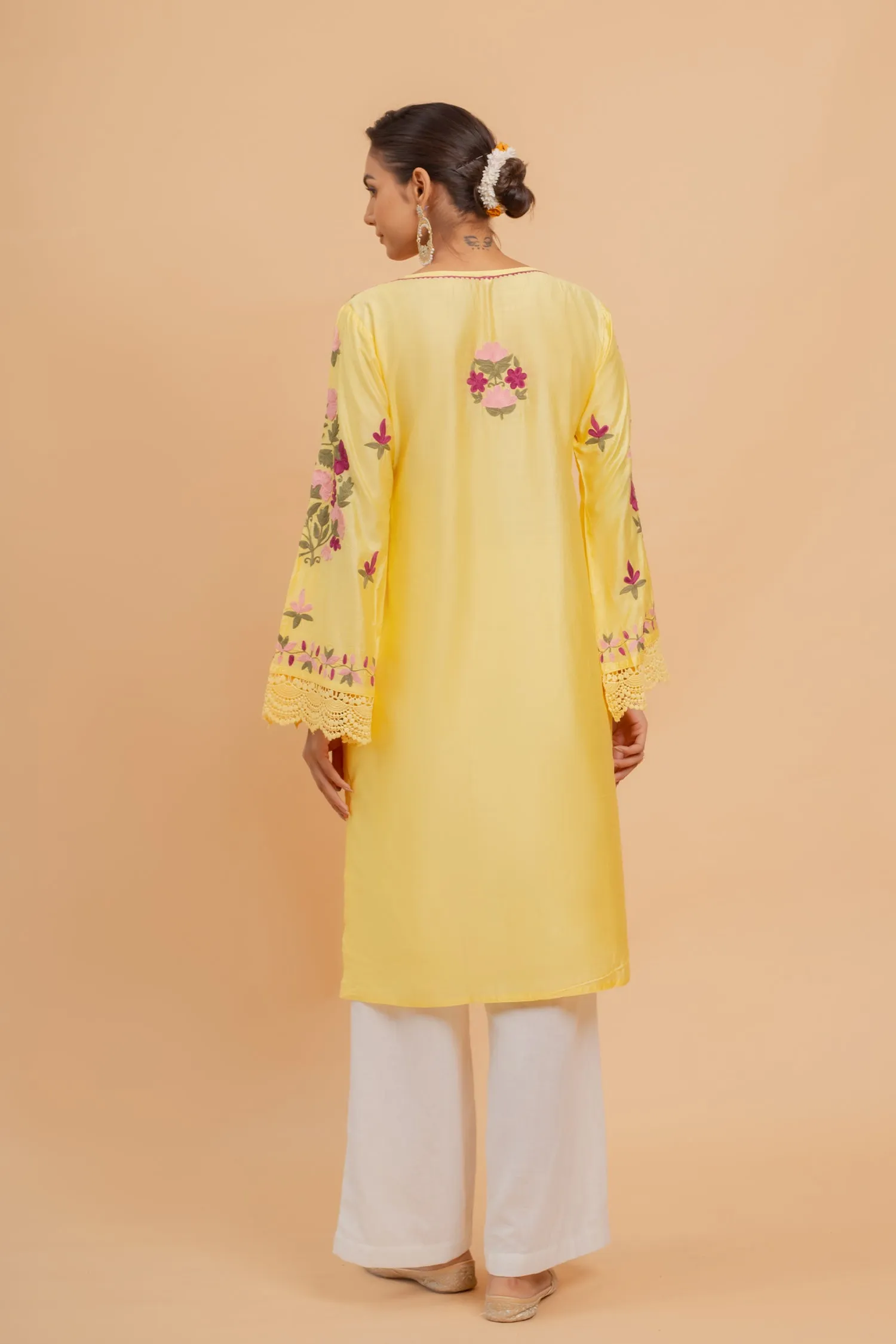 Falak Kashmiri Long Kurta In Yellow Chanderi Silk With Aari