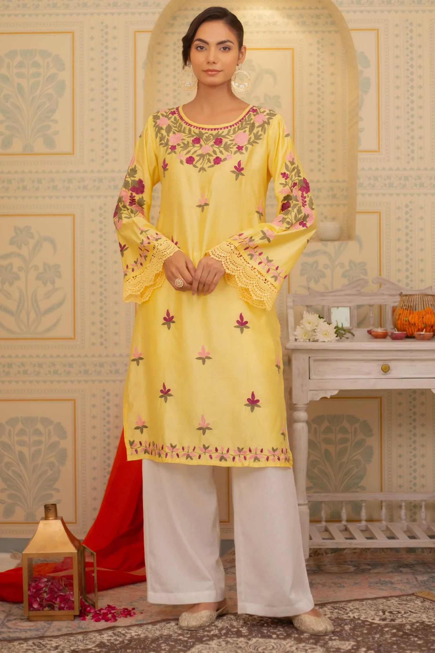 Falak Kashmiri Long Kurta In Yellow Chanderi Silk With Aari