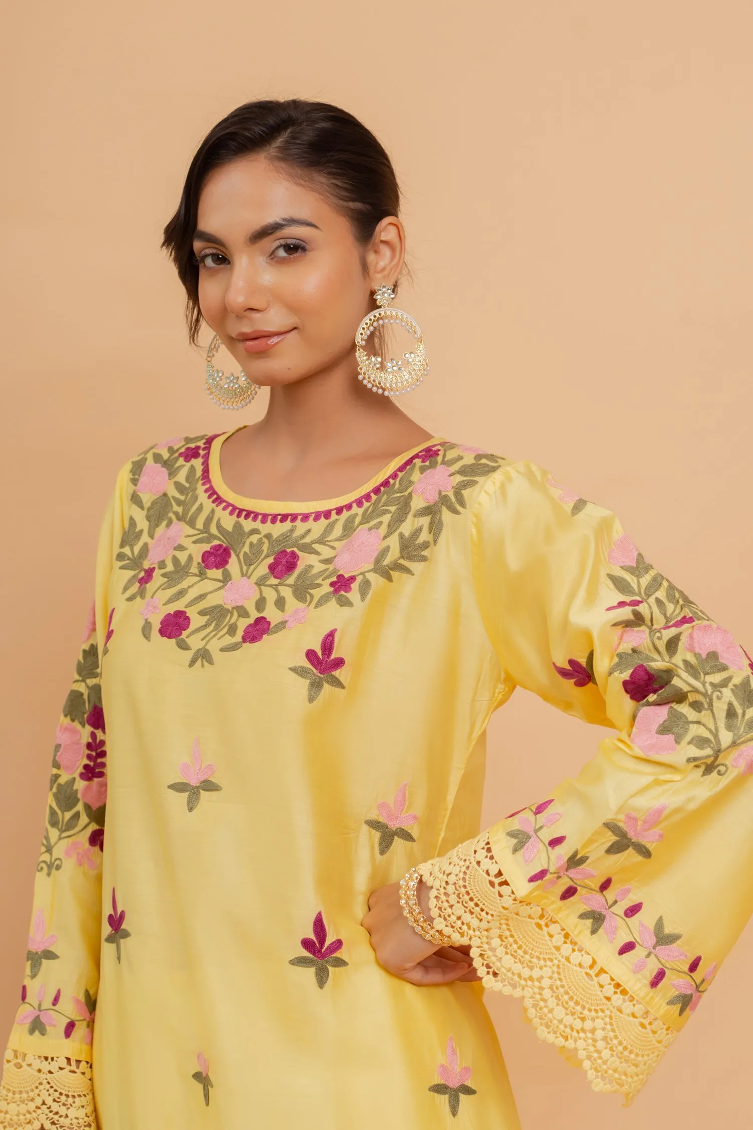 Falak Kashmiri Long Kurta In Yellow Chanderi Silk With Aari