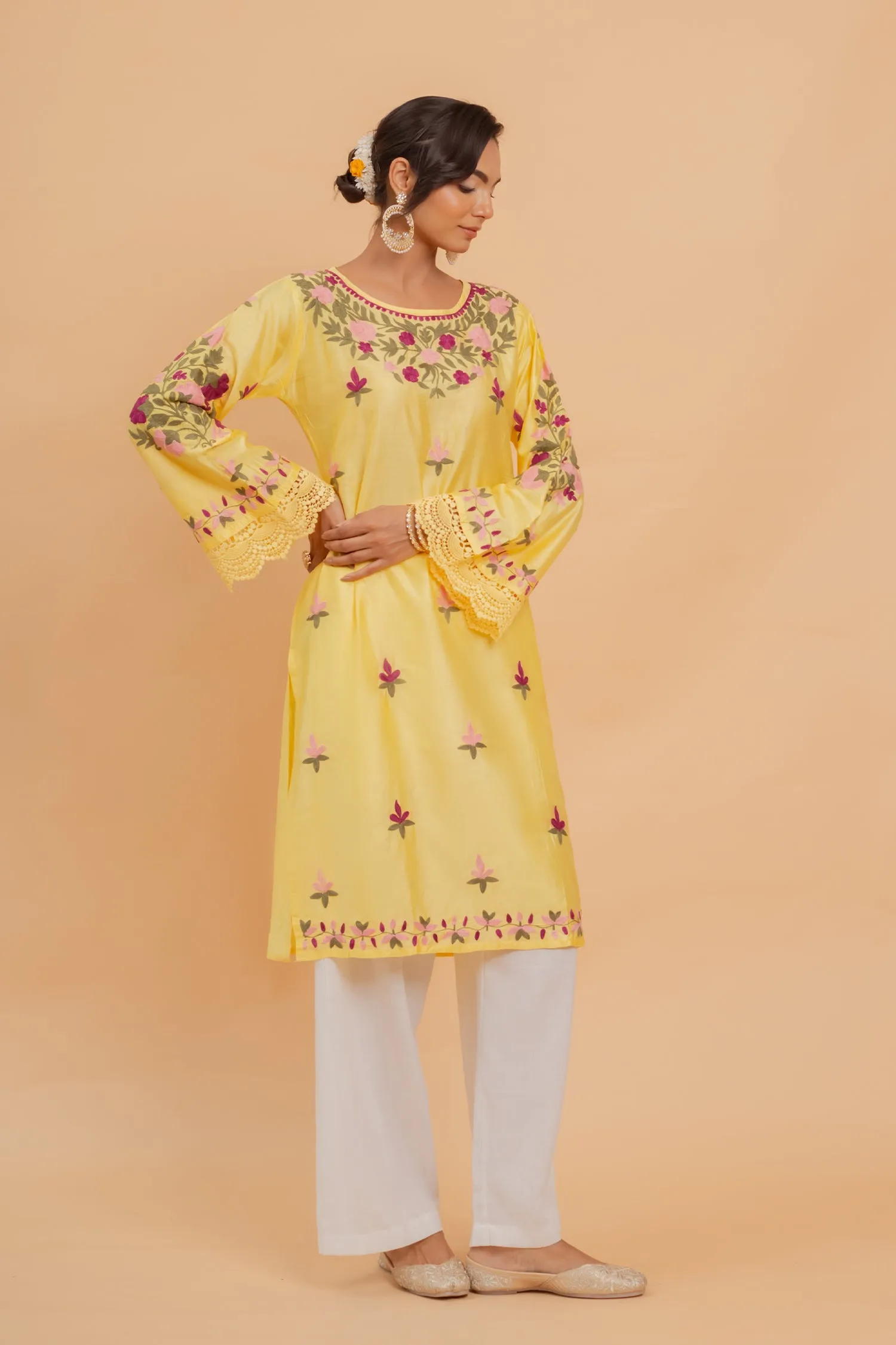 Falak Kashmiri Long Kurta In Yellow Chanderi Silk With Aari