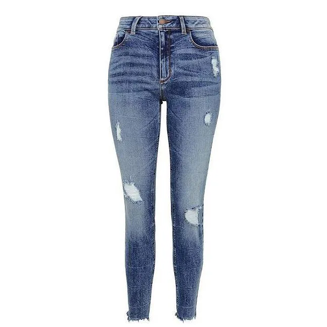 F&F-WOMEN-"Mid Wash” Distressed Frayed Hem Low Rise Skinny Jeans FF934