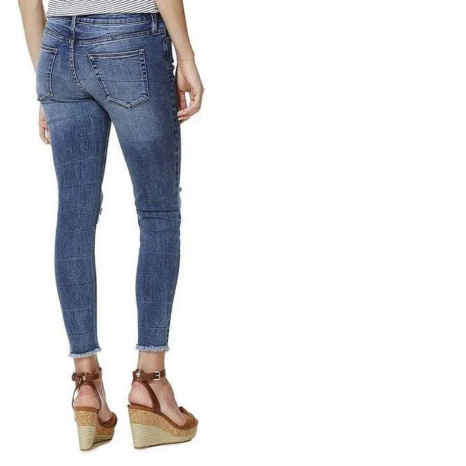 F&F-WOMEN-"Mid Wash” Distressed Frayed Hem Low Rise Skinny Jeans FF934