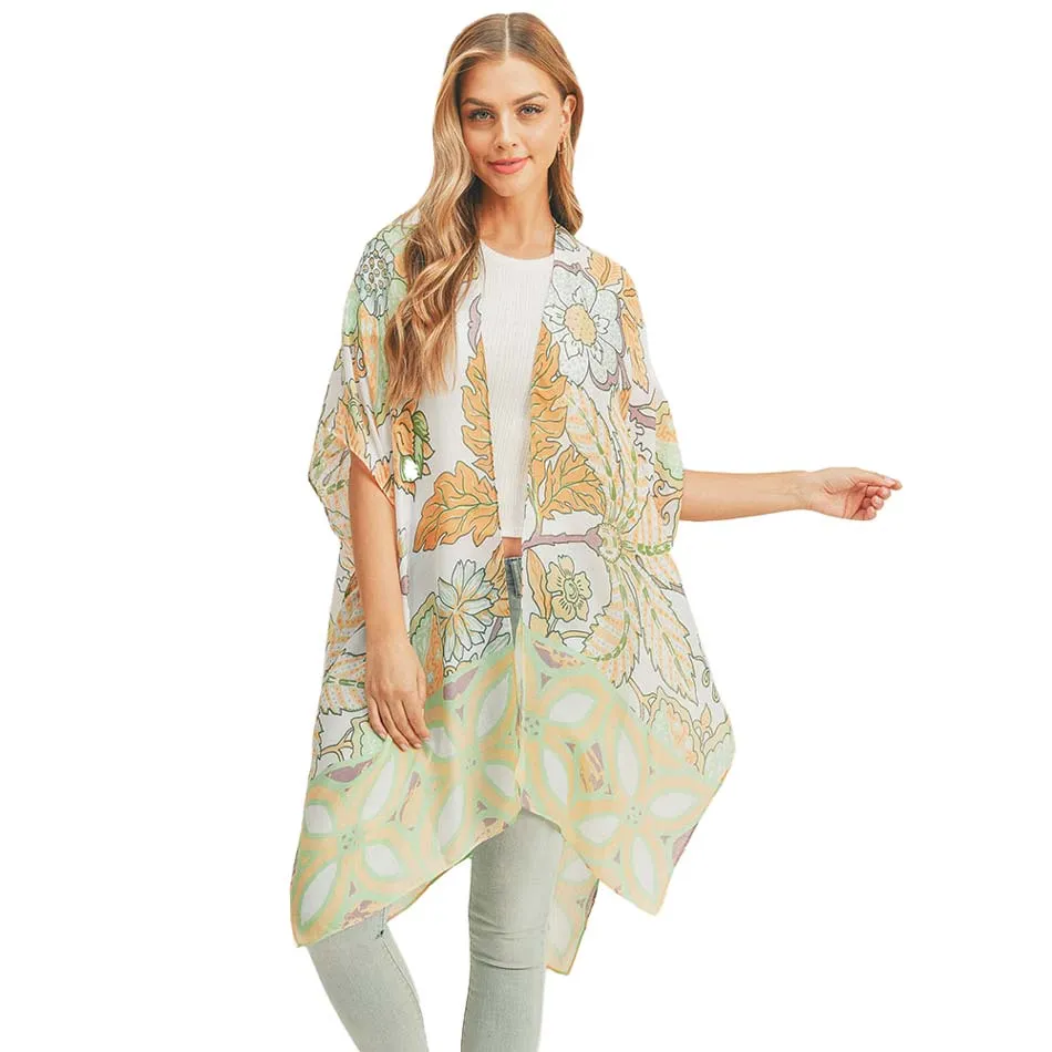 Flower Leaf Print Cover Up Kimono Poncho