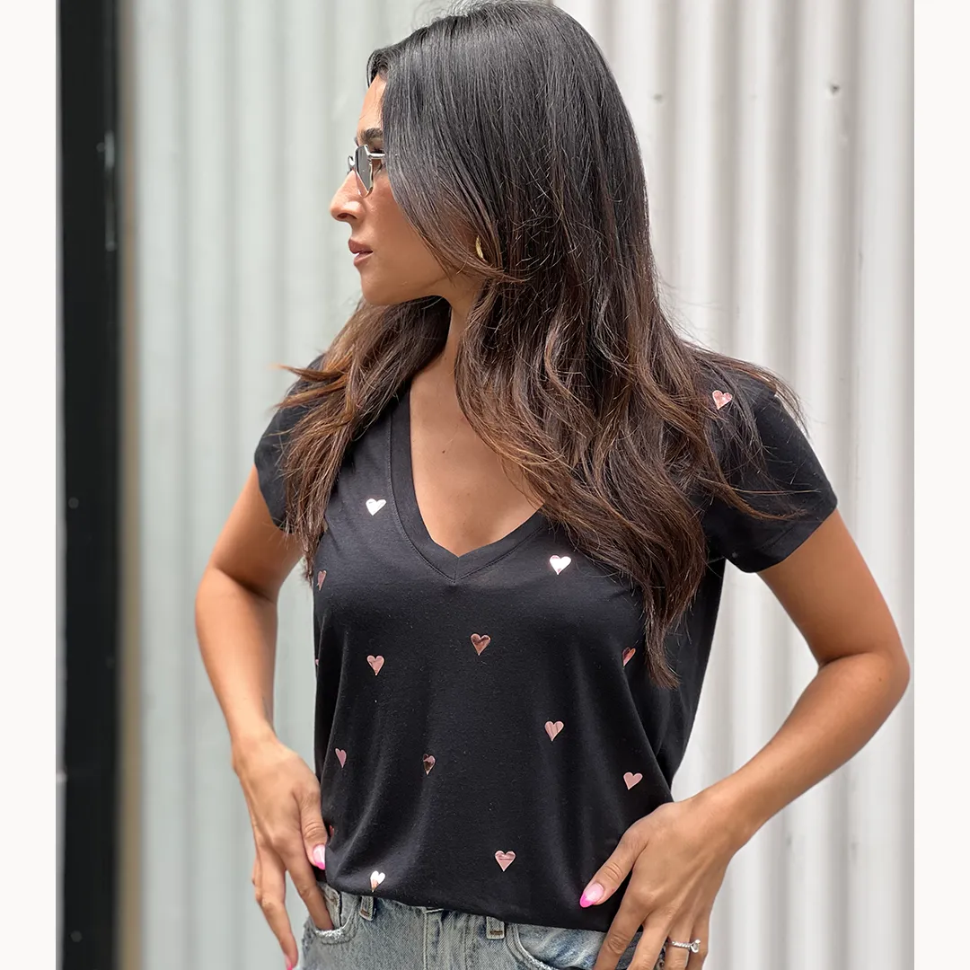 Fran V-neck Black T-Shirt - Rose Gold Foil Hearts