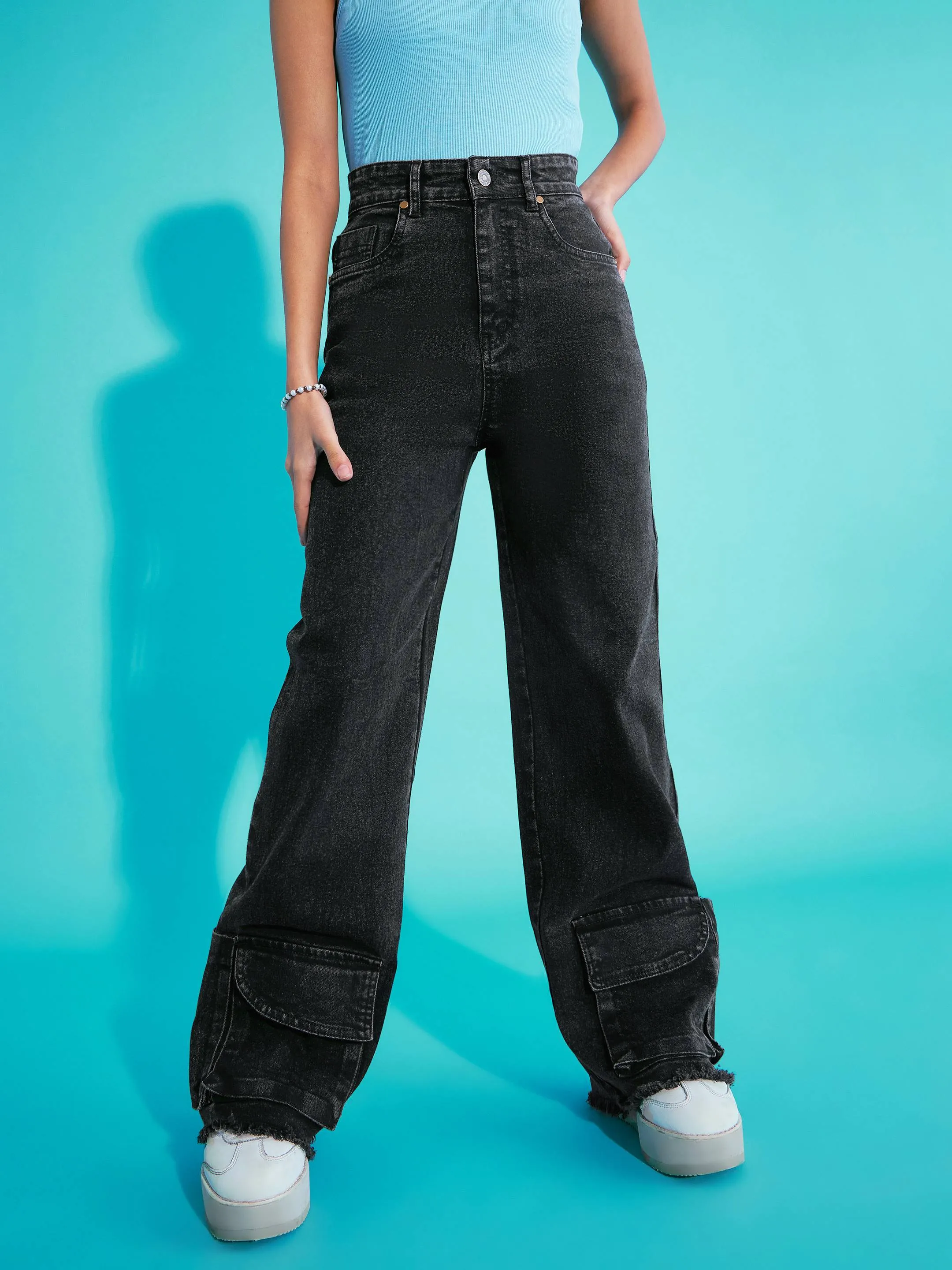 Girls Black Acid Wash Hem Pocket Straight Jeans