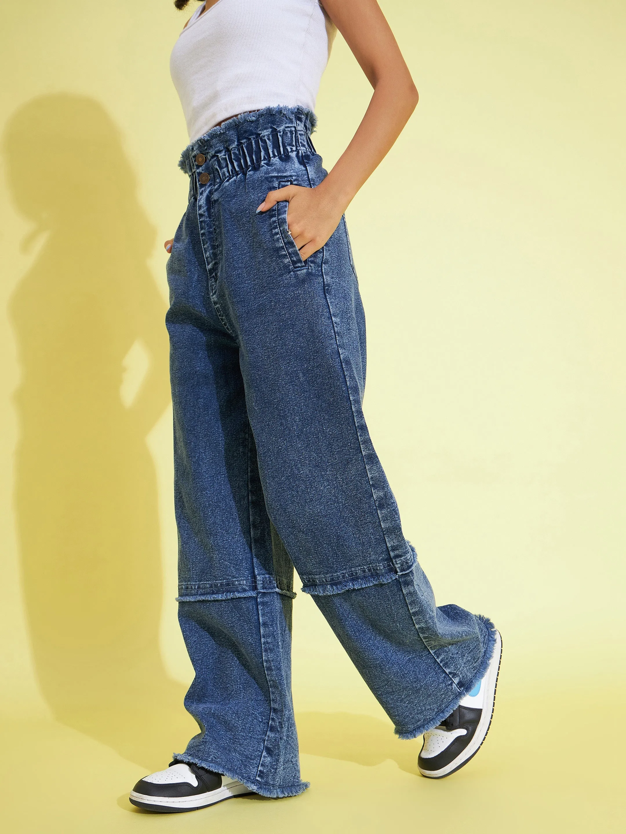 Girls Blue Acid Wash Paper Bag Waist Straight Jeans