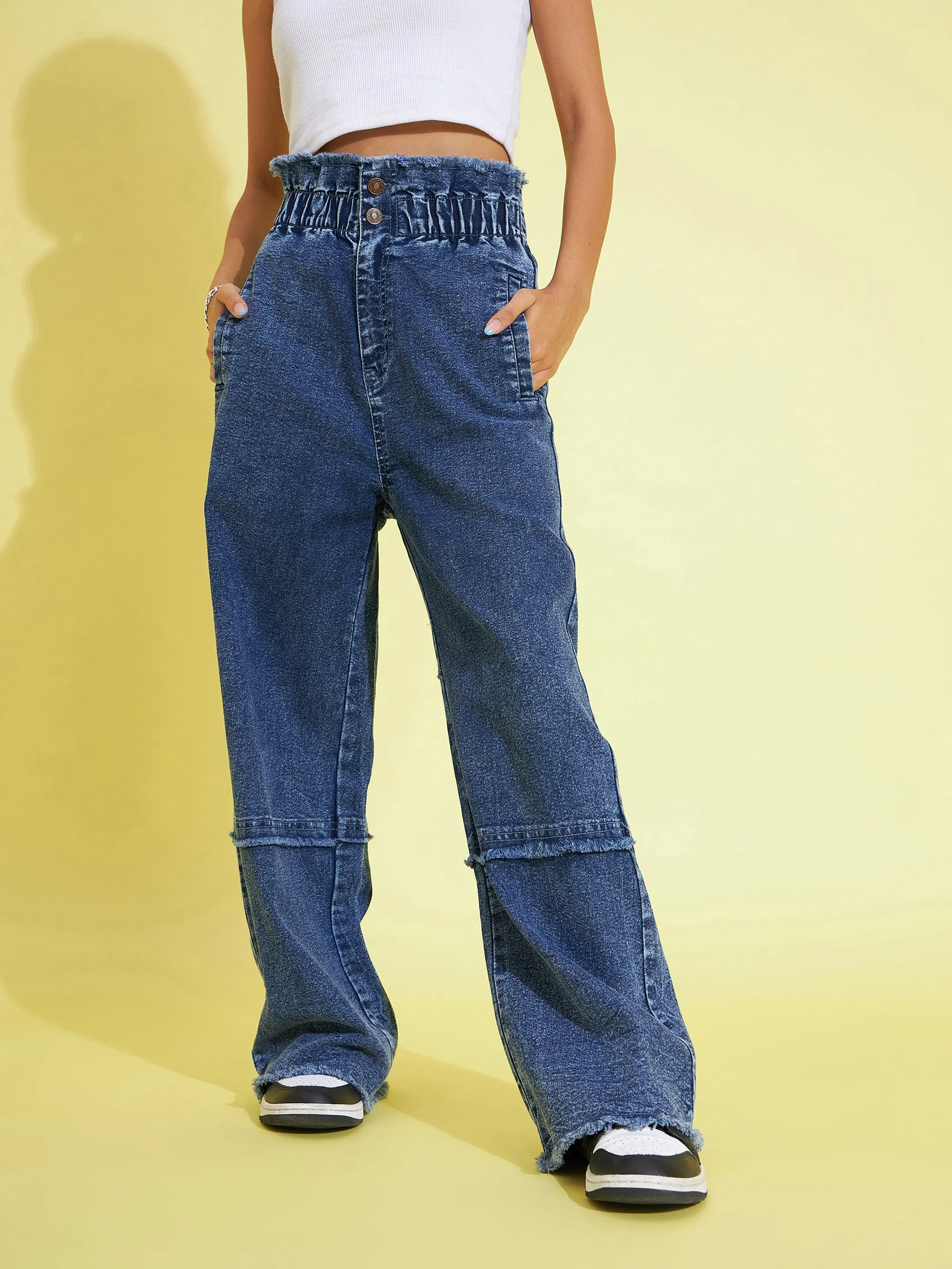 Girls Blue Acid Wash Paper Bag Waist Straight Jeans