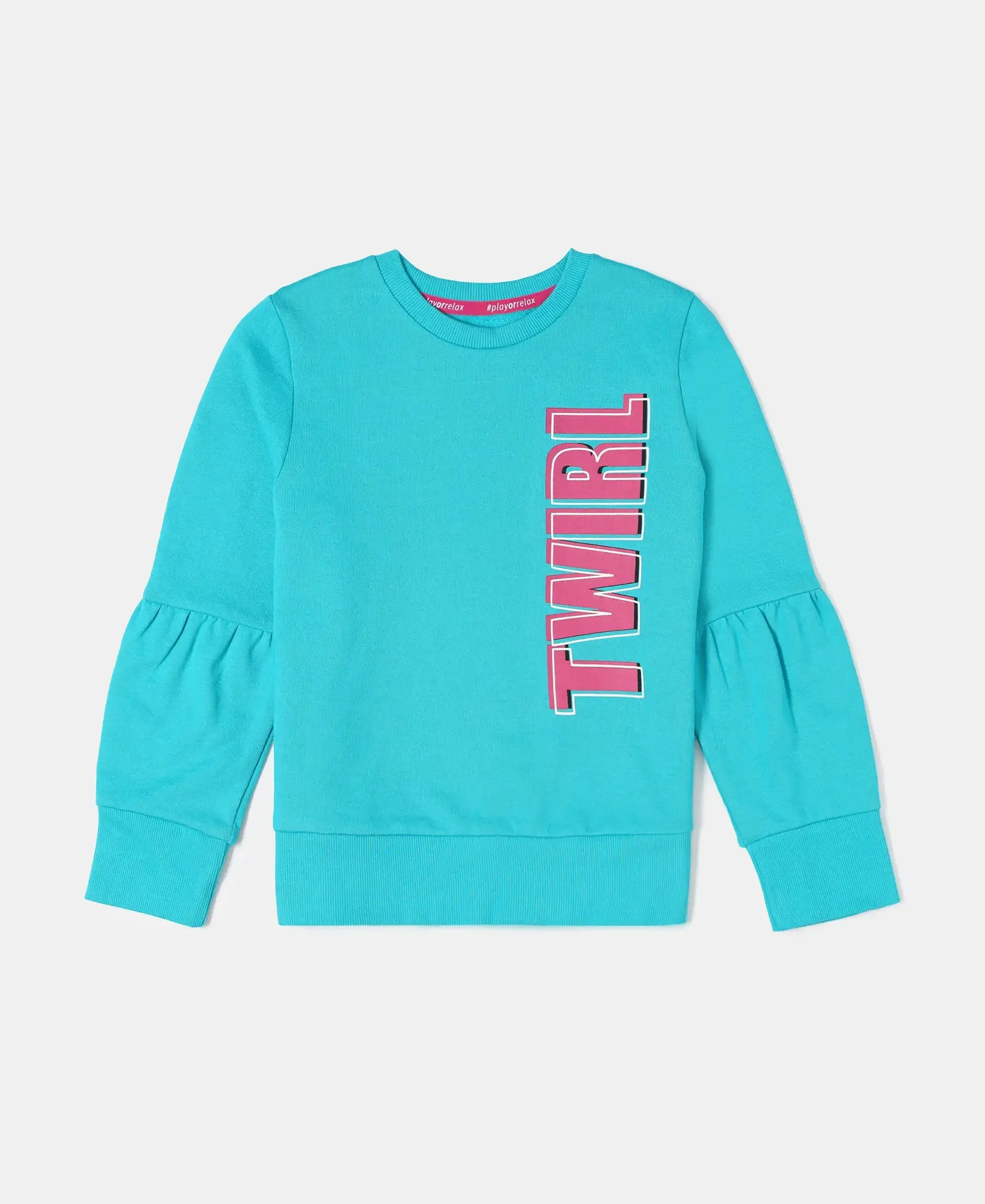 Girl's Super Combed Cotton French Terry Graphic Printed Sweatshirt - Paradise Teal