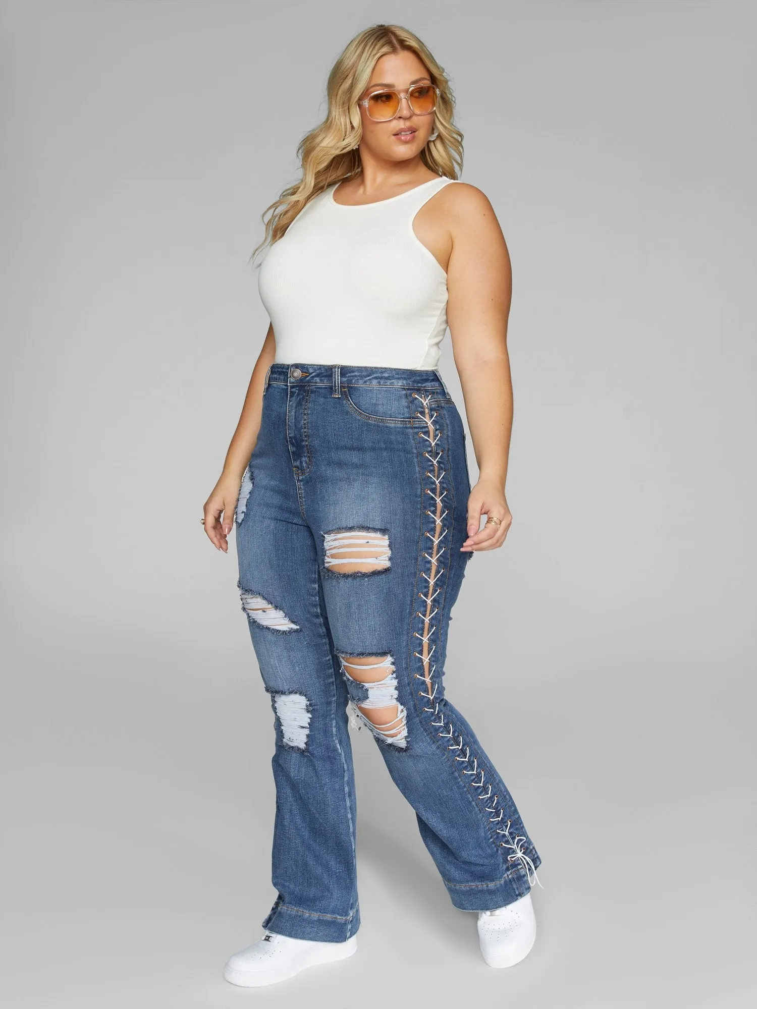 High Rise Lace Up Side Flare Jeans