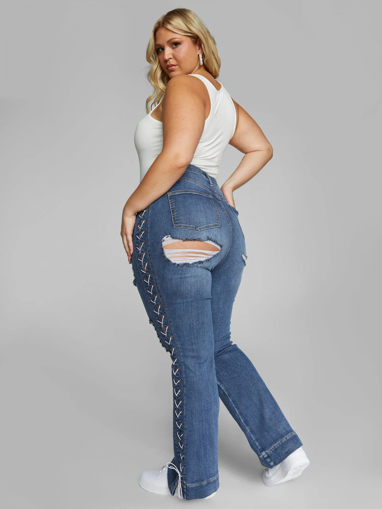 High Rise Lace Up Side Flare Jeans