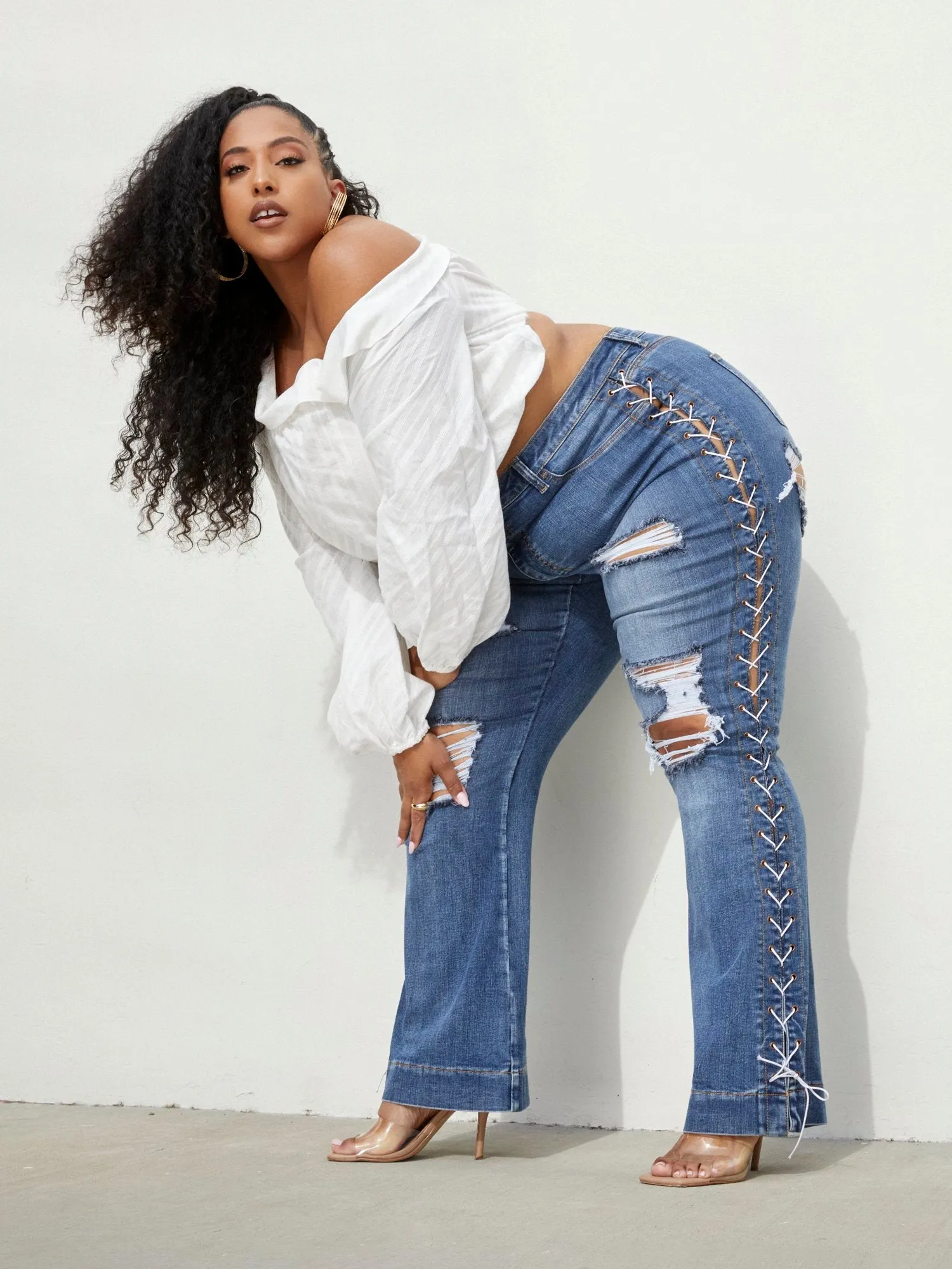 High Rise Lace Up Side Flare Jeans