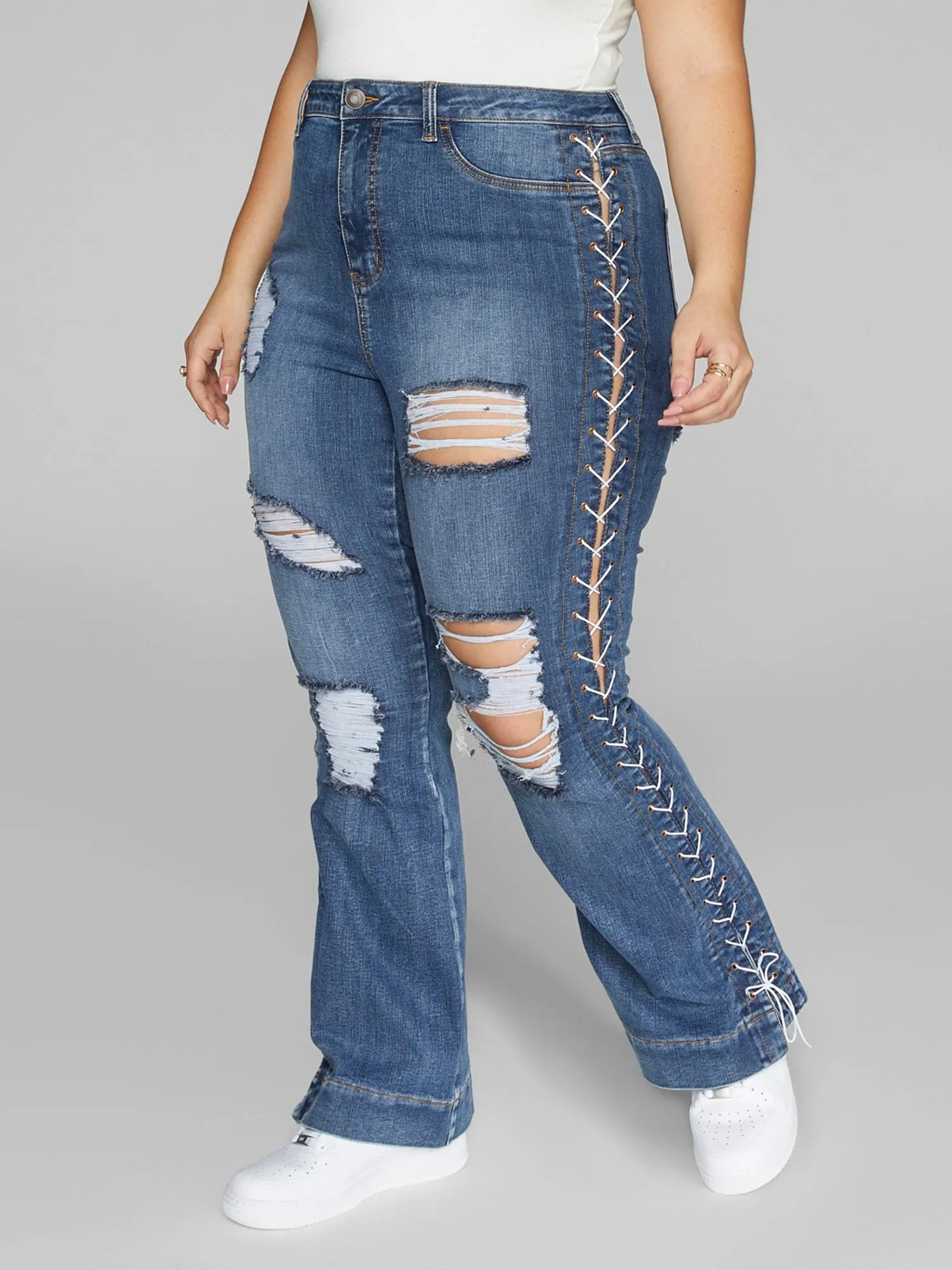 High Rise Lace Up Side Flare Jeans