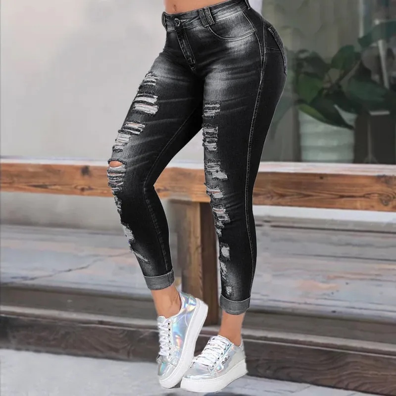 High Waist Skinny Ripped Jeans Women Denim Jeans