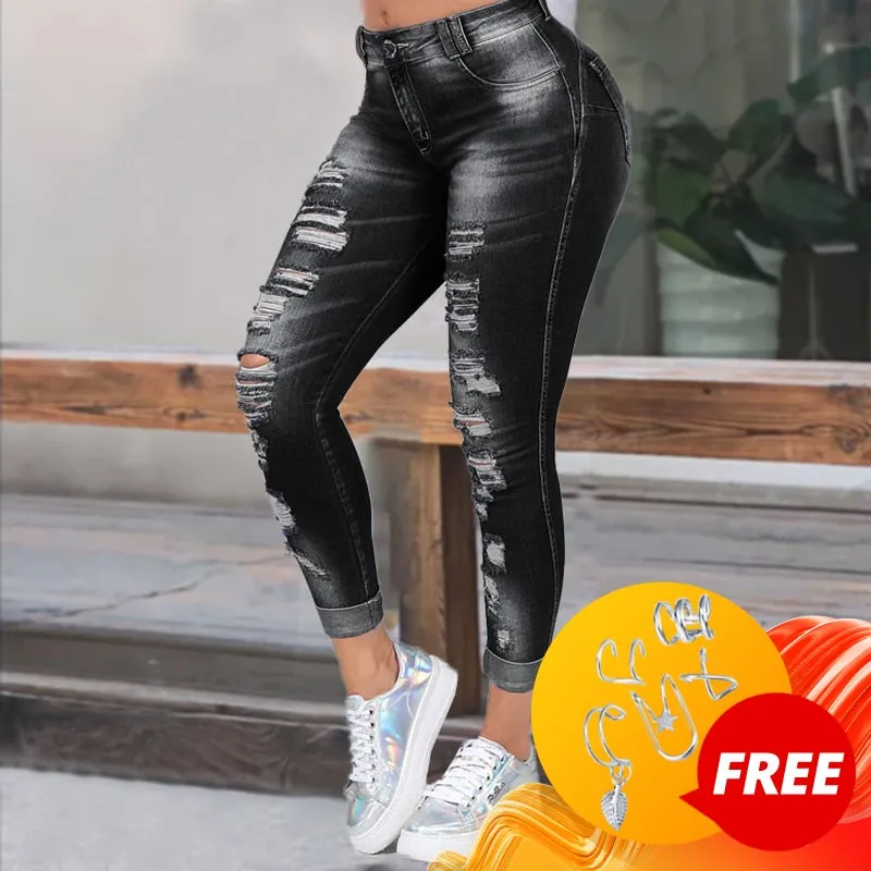 High Waist Skinny Ripped Jeans Women Denim Jeans