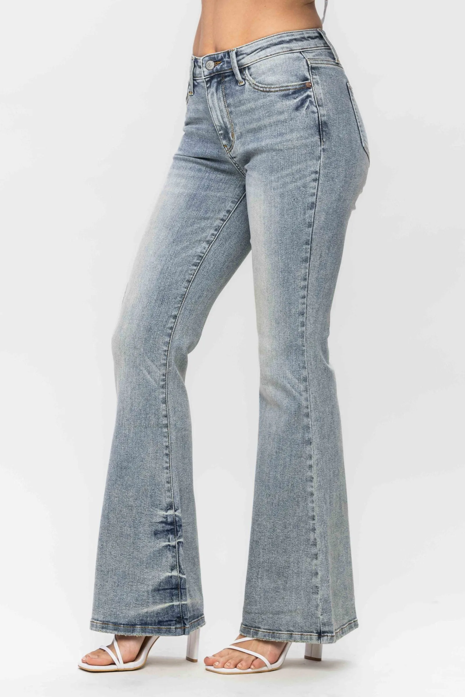 Judy Blue Megan Mid Rise Tinted Pin Tack Detail Flare Jeans