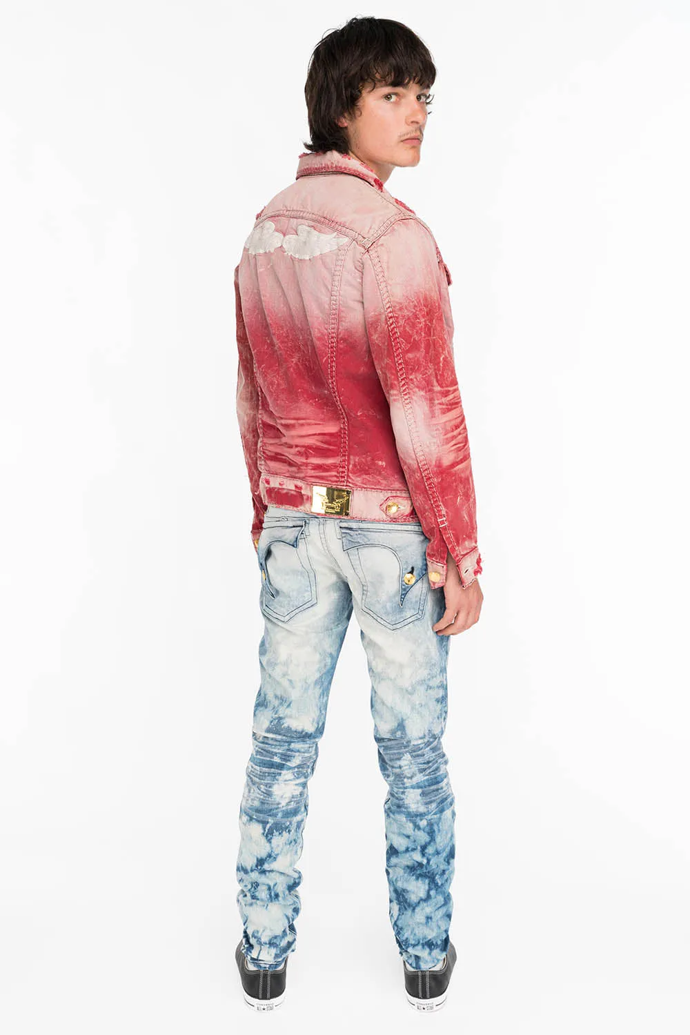 KILLER FLAP MENS SKINNY JEANS IN NEW CLOUD JAPAN WITH GOLD AND SILVER EMBROIDERY PATCH