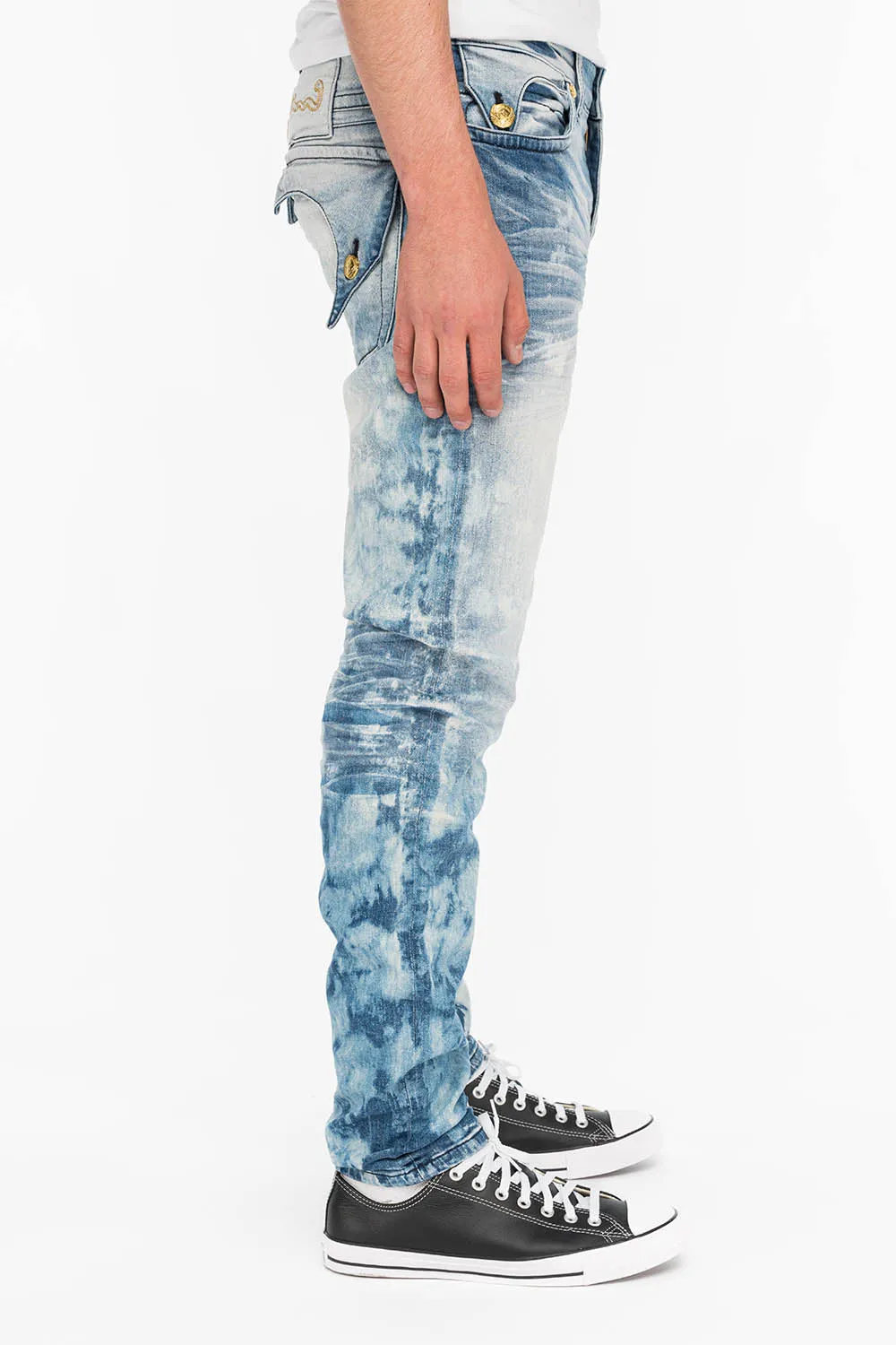 KILLER FLAP MENS SKINNY JEANS IN NEW CLOUD JAPAN WITH GOLD AND SILVER EMBROIDERY PATCH