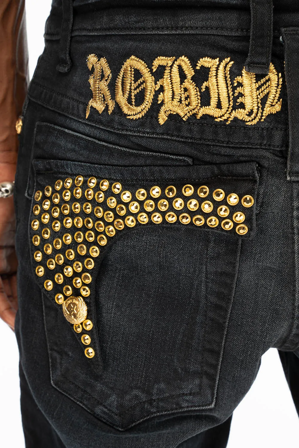 KILLER FLAP SKINNY MENS JEANS IN F_UP BLACK WITH FULL GOLD CRYSTALS