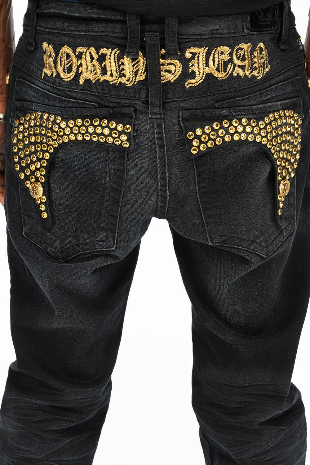 KILLER FLAP SKINNY MENS JEANS IN F_UP BLACK WITH FULL GOLD CRYSTALS