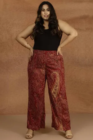 Maroon Paisley Print Cotton Plus Size Pant