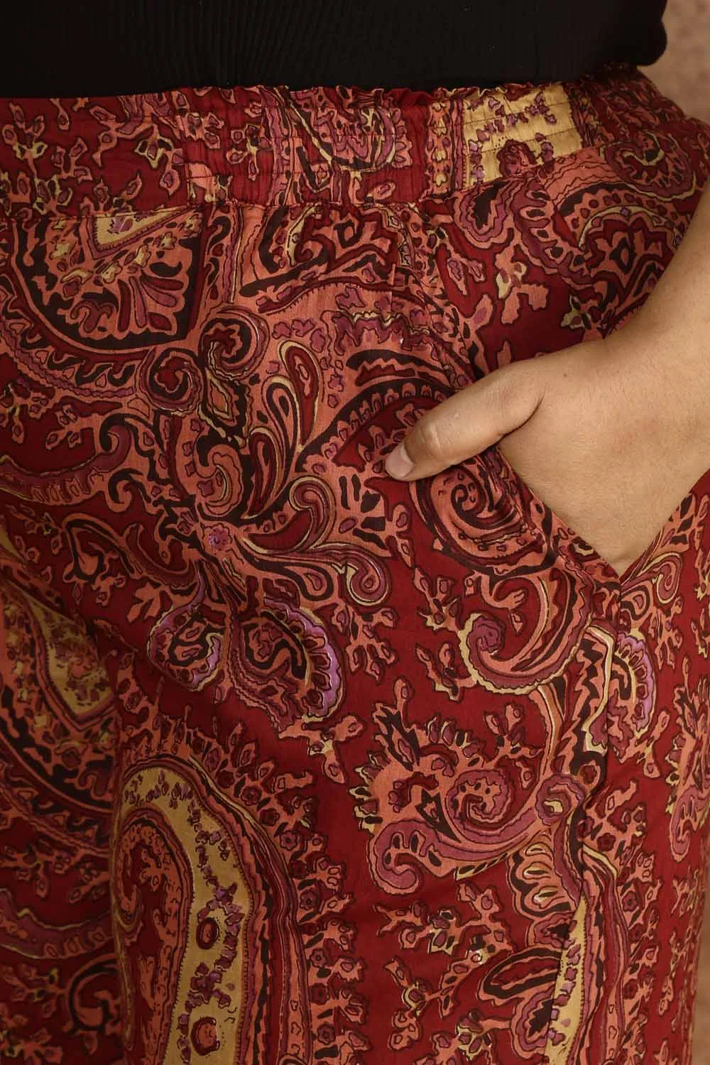 Maroon Paisley Print Cotton Plus Size Pant