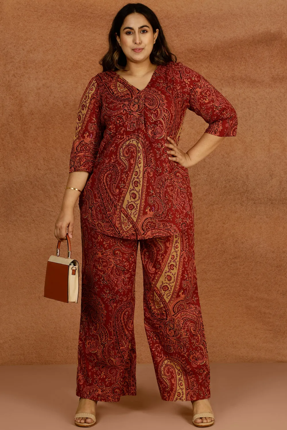 Maroon Paisley Print Cotton Plus Size Pant