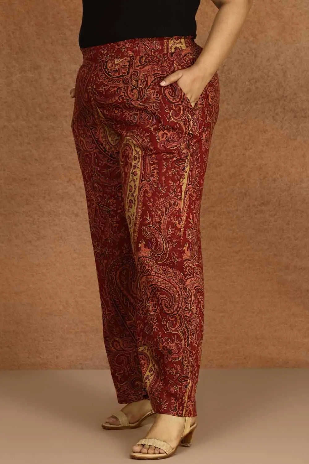 Maroon Paisley Print Cotton Plus Size Pant