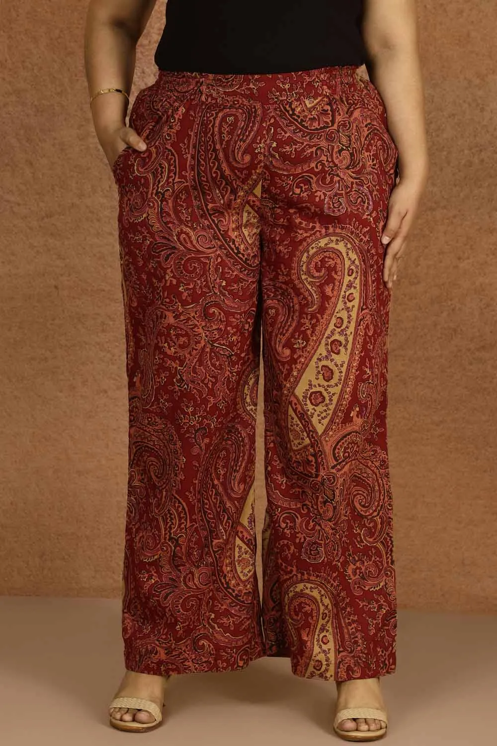 Maroon Paisley Print Cotton Plus Size Pant