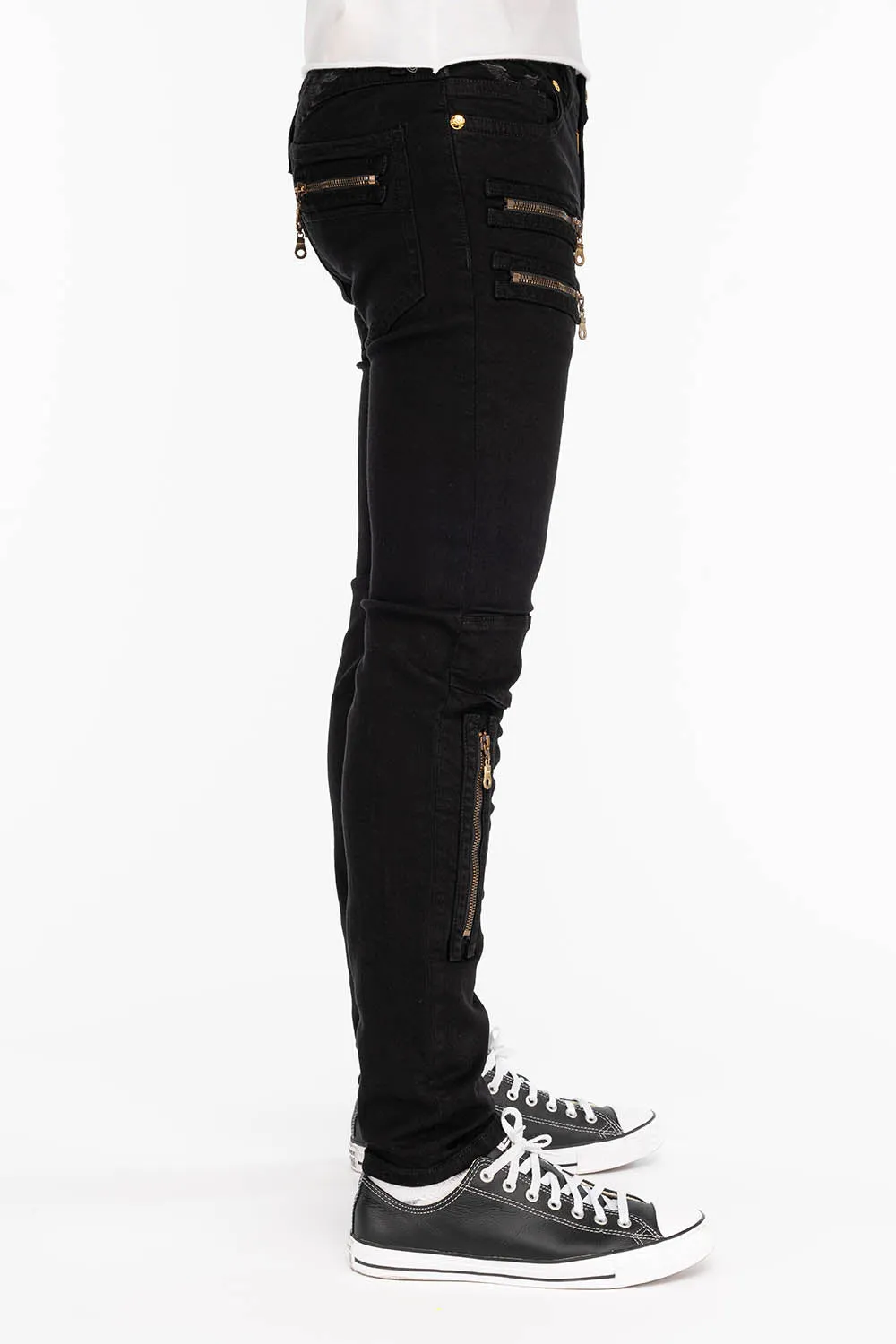 MENS NEW BIKER SKINNY JEANS IN PURE BLACK WITH GOLD WINGS