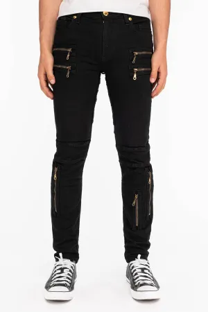 MENS NEW BIKER SKINNY JEANS IN PURE BLACK WITH GOLD WINGS