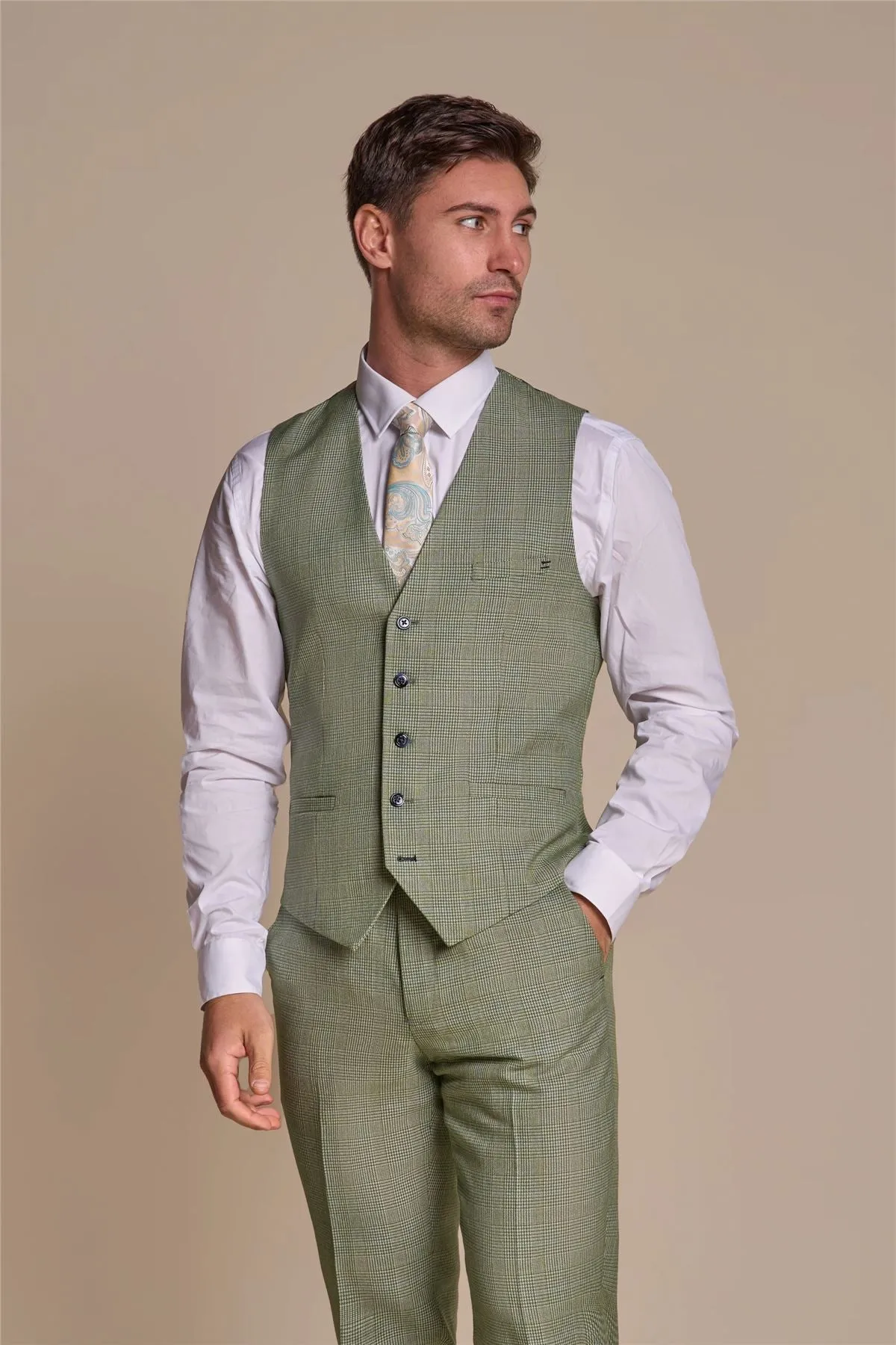 Men's Suit Sage Green 3 Piece Checked Tailored Fit Formal Dress